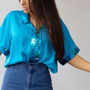 70s vintage silky oversized floral blouse L